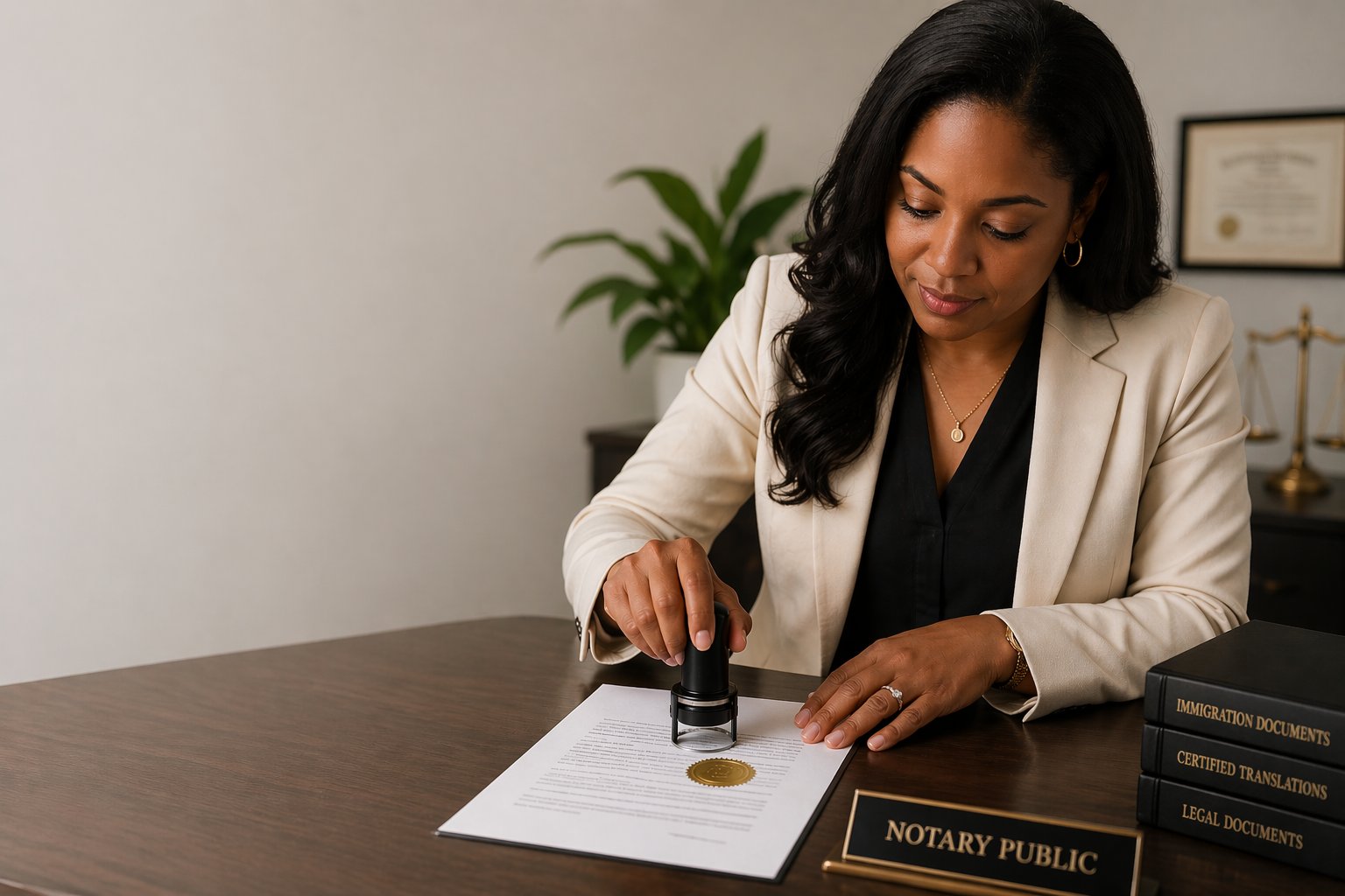 Notary public stamping a certified document